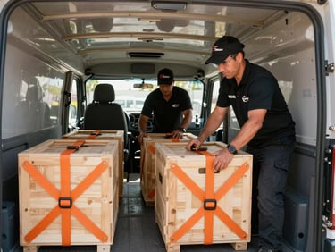 Wide environmental shot of a uniform-clad SpeedBox crew member methodically securing custom wooden crates inside a clean truck interior with heavy-duty orange tie-down straps, bright Southern California daylight filtering in.