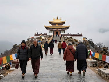 Soft overcast wide shot of pilgrims walking a stone pathway toward a hilltop temple in the Himalayas, seniors and families in frame, prayer flags at the edges, no crowds, calm atmosphere