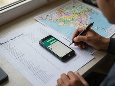 Overhead documentary shot of a travel coordinator's desk — printed itinerary sheets, a India road map, a mobile phone with a WhatsApp conversation visible, and a pen mid-sentence, warm window light from the left