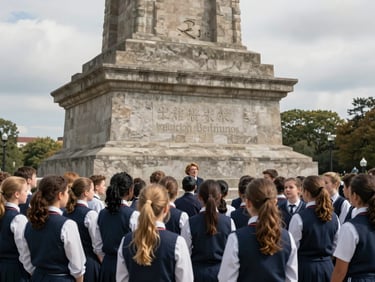 Wide environmental shot of a school group in uniforms gathered at the base of a historical monument, teacher visible at the side, overcast soft light, stone architecture behind them