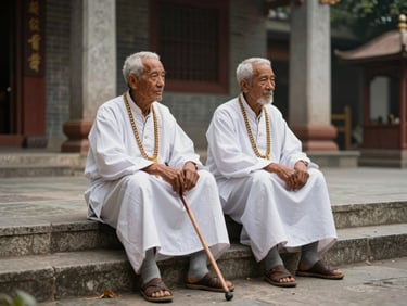 Close environmental shot of two elderly pilgrims seated on stone steps at a temple courtyard, hands resting on walking sticks, afternoon light diffused by an overcast sky, temple columns visible in soft focus behind them