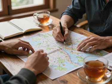 Environmental wide shot of a travel planning session — hands over a printed map on a wooden table, notebooks and tea glasses beside it, warm window light, no faces, intimate workspace feel