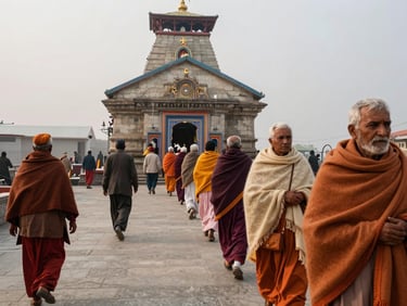 Wide shot of elderly pilgrims at the entrance of Kedarnath temple, overcast soft light, stone path leading to the shrine, a queue of devotees in warm shawls visible mid-frame