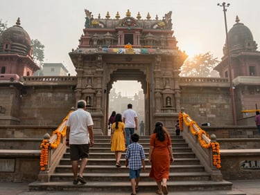 Close wide shot of a family group ascending stone steps toward a sunlit temple gate in Varanasi, soft morning light, marigold garlands visible on the railings, gentle haze over the Ganges in the background