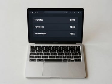Overhead flat-lay of a laptop on a light desk, screen showing a minimal dark transaction dashboard with three rows — Transfer, Payment, Investment — each with an inline fee amount, studio-lit from above, no reflections, sharp UI text legible