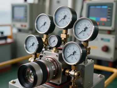 Macro shot of mechanical calibration dials, pressure gauges, and digital testing equipment on a ship bridge
