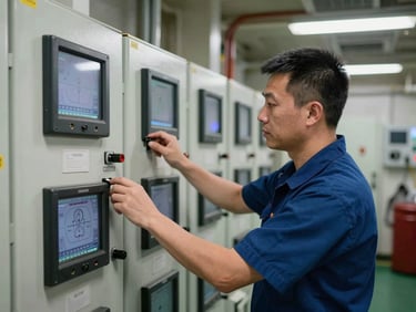 Marine technician adjusted automation control panels and monitoring systems inside a ship engine room