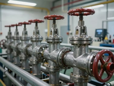 Close-up of industrial ballast water treatment system manifolds and valves, bright clean engine room setting