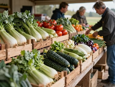 A rustic farm stand filled with wooden crates of vibrant seasonal vegetables, local buyers browsing in soft daylight.