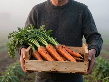 A local farmer in a dark knit sweater holding a wooden crate of soil-dusted heirloom carrots, standing in a misty field at dawn, soft natural low-contrast lighting.