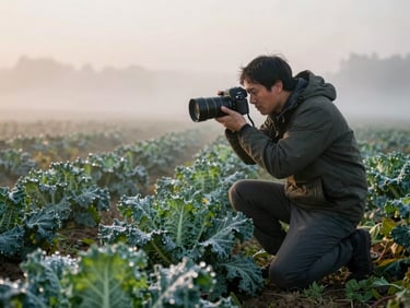 A photographer kneeling in a misty vegetable field at sunrise, capturing dew on kale leaves.