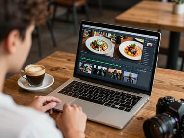 Over-the-shoulder shot of a photographer editing a high-contrast food video on a laptop in a cozy cafe, a warm espresso nearby.