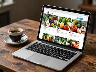 A laptop screen displaying a social media feed with editorial photos of fresh farm produce, sitting on a rustic wooden table next to an espresso.