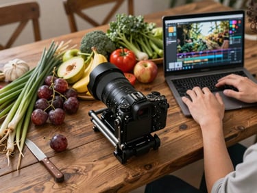 Overhead view of a camera rig positioned over a beautifully styled rustic table displaying fresh local produce, hands editing video on a laptop nearby.