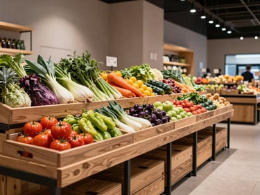 The interior of a modern independent food market, wooden crates filled with colorful organic produce, clean Scandinavian design.