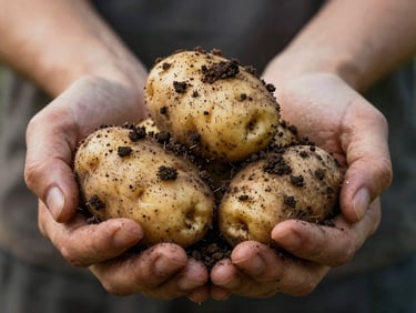 Close-up of hands holding freshly harvested heritage potatoes covered in rich dark soil, natural low-contrast lighting.