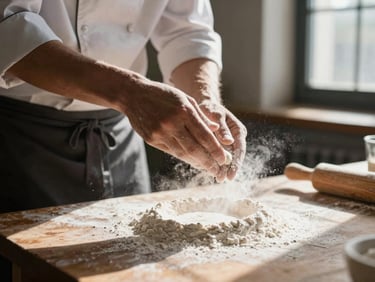 Candid close-up of a chef in motion dusting flour onto a rustic workspace, soft Scandinavian daylight streaming through a window, natural shadows.