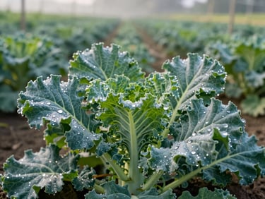 Macro detail of dew drops on vibrant green kale leaves growing in a heritage farm field, soft morning light.