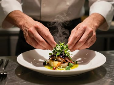 A chef's hands carefully plating a vibrant microgreen garnish onto a dish in a warm, dimly lit restaurant kitchen, steam rising slightly, natural shadows.