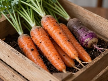 Soft Scandinavian daylight illuminating a rustic wooden crate filled with soil-dusted heirloom carrots and radishes, macro texture.