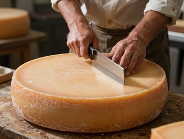 Candid shot of a local cheese maker slicing a wheel of artisanal cheddar, soft natural shadows, warm interior.