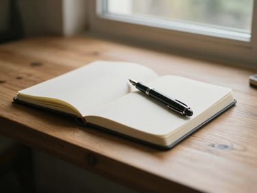 A warm editorial photography of a wooden desk with an open notebook, a fountain pen, and soft natural daylight streaming through a window, shallow depth of field, 35mm
