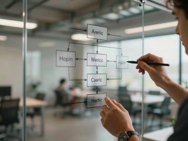 Close-up of hands whiteboarding a complex system architecture schema on a glass wall in an industrial-style office, warm lighting