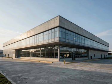 Wide-angle finished elevation of a modern concrete and glass logistics terminal, high-contrast afternoon light.