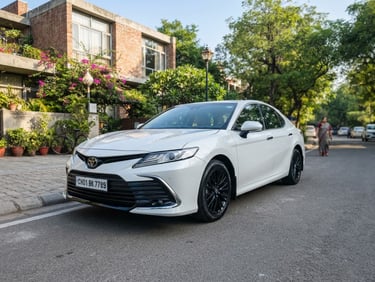A spotless white sedan parked on a clean Chandigarh street in bright morning daylight, sharp focus, professional commercial travel photography.