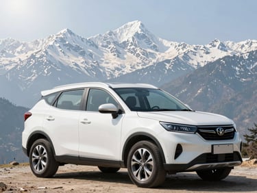 A clean white SUV parked on a scenic ridge in Shimla, snow-capped Himalayan peaks in the background, bright morning sun.