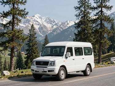 A white luxury traveler vehicle on a quiet road lined with pine trees in Kashmir, clear daylight, majestic mountains behind.