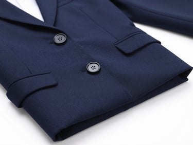 Close-up of a neatly folded navy blue school blazer on a clean white surface, sharp focus on the fabric weave and buttons, bright studio lighting.