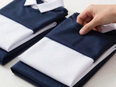 Close-up of neatly folded school uniform samples on a table, a hand reaching for one, clean studio lighting, sharp focus on fabric textures.
