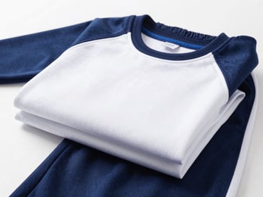 Eye-level medium shot of a neatly folded white and blue school tracksuit, sharp focus on the fabric texture and stitching, bright studio lighting.