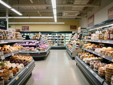 Full-scale S71 departmental supermarket floor shot from customer eye level, wide aisle showing butcher counter at the back, dairy refrigerators along one wall, fresh bakery display in the foreground, natural daylight from skylights — documentary style