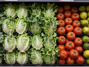 Overhead wide shot of fresh vegetables and fruit arranged on a market display — vibrant lettuce heads, tomatoes, and limes under cool store overhead lighting, dense and organized, shot from directly above at customer-aisle level