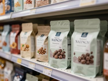 Close-up of branded packaged goods arranged on a store shelf, national product labels facing forward, clean fluorescent lighting showing organized retail display, customer eye-level framing