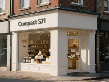 Compact S71 boutique store exterior on a quiet urban street corner, morning light, clean signage visible, small format storefront showing organized window display of daily essentials — documentary style, no artificial staging