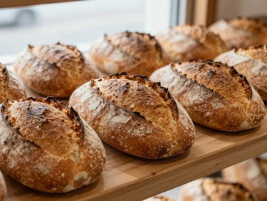Close-up documentary shot of freshly baked bread loaves and bolillos resting on a wooden shelf in a bakery section, warm natural light from a nearby window, rustic crust texture visible, no people