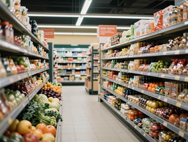 S71 mini supermarket interior aisle showing fresh produce section and packaged goods shelves side by side, natural overhead lighting, organized and stocked, mid-format store scale — documentary realism