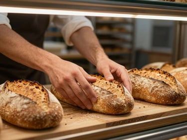 Hands of a local baker arranging fresh bread loaves on a wooden display inside a small bakery section, warm ambient light from overhead, close-up documentary shot showing craft and freshness