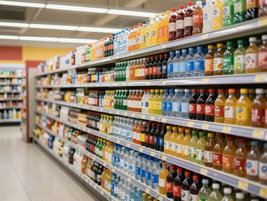Wide eye-level shot of a well-stocked beverage aisle in a neighborhood supermarket, shelves organized with soft drinks, water bottles and juices, bright overhead store lighting, no people, clean and abundant