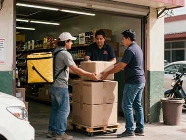 Delivery boxes being unloaded at the back entrance of a Mexican neighborhood supermarket, distributor handing stock to store staff, natural morning light, documentary framing from street level