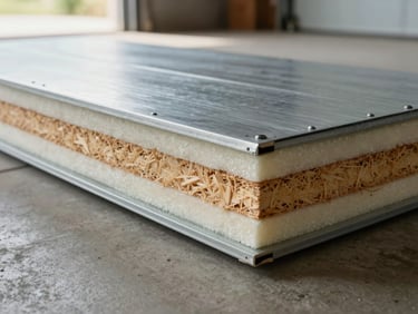 Close-up of an insulated garage door panel cross-section resting on a concrete floor, showing foam core layering and steel skin detail, natural site lighting from an open garage bay