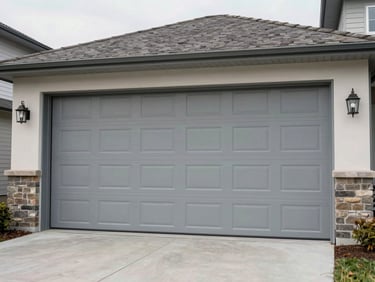 Wide environmental shot of a classic raised-panel steel garage door on a residential home exterior, overcast daylight, driveway in foreground, no people