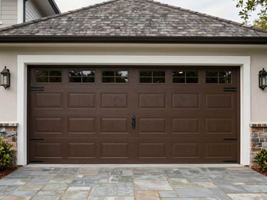 Wide shot of a carriage-house style garage door with decorative hardware on a home exterior, overcast daylight, stone pathway in foreground, no people