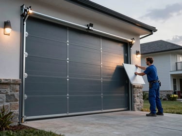 Wide shot of a new steel garage door being aligned in a residential opening, work lights illuminating the track hardware, driveway concrete and overcast sky visible behind the technician's hands steadying the panel