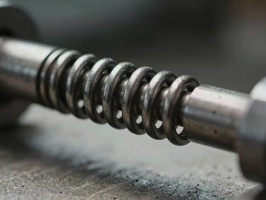 Extreme close-up of a snapped torsion spring on a steel shaft, overcast site lighting, frayed coil end visible against dark background, concrete floor edge in lower frame