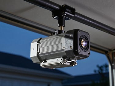 Close-up of a garage door opener motor unit mounted on a ceiling rail, work light casting hard shadows on the drive mechanism, blurred open garage bay in background showing night sky