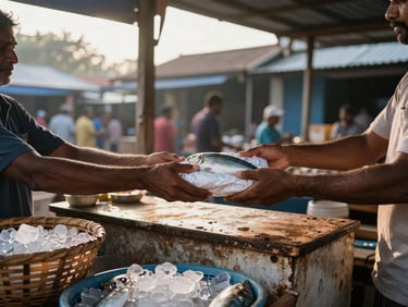 Environmental wide shot of a Goa neighborhood fish market stall at dawn, hands exchanging a wrapped parcel across a worn wooden counter, soft north-facing daylight, baskets and ice visible in foreground